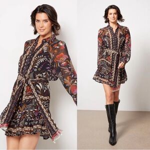 Farm Rio Classic Garden Black Long Sleeve Mini Dress